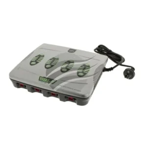 Grey 4-in-1 battery charger with four charging indicators, front connectors and power lead.