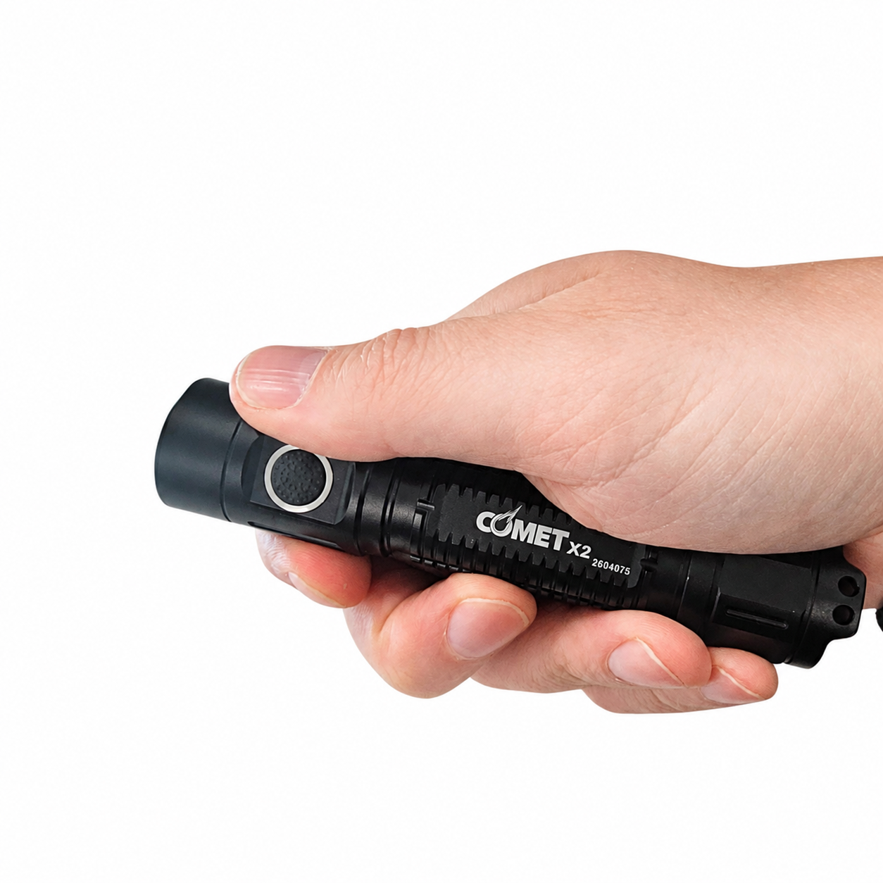 Powa Beam Comet X2 LED torch held in one hand