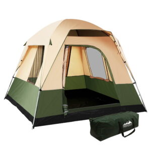 Weisshorn 4 person tent in green and beige with front vestibule, large door, and roll-up window
