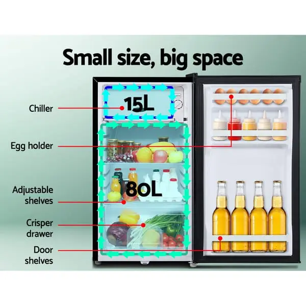 Glacio 95L portable upright fridge freezer with 80L fridge, 15L chiller, adjustable shelves and crisper drawer