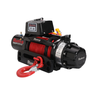 Runva 11XP Premium RED Edition 12V winch with 11,000lb pull, IP67 protection, stainless rotary clutch, and 10mm x 25m synthetic rope.
