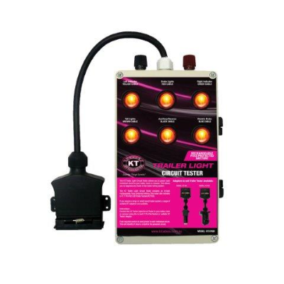 Trailer Wiring Tester KT57900 by KT Cables featuring LED switches, rechargeable battery, and 7-pin flat socket.