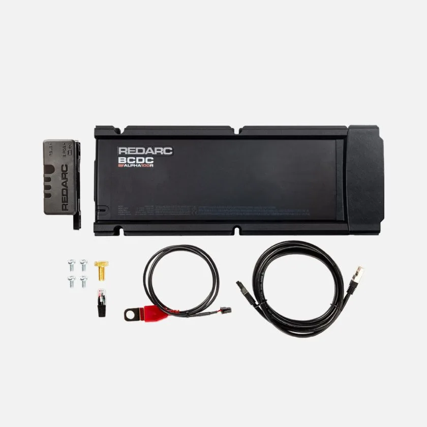 REDARC BCDC Alpha100 R 100A DC DC Charger kit with wiring and accessories