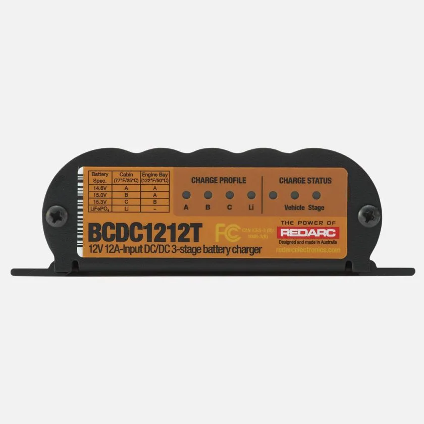 Front view of REDARC BCDC1212T 12A DC Trailer Battery Charger showing charge profile indicators