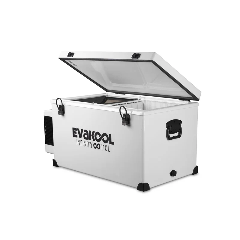 EvaKool 110L Infinity RF Fibreglass Fridge Freezer open with dual-zone interior