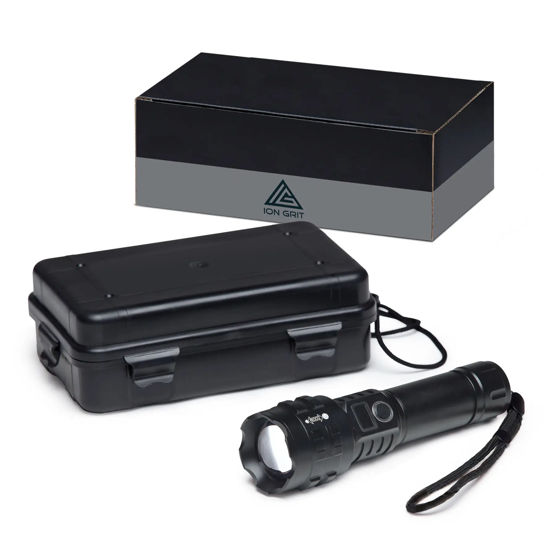 Ion Grit LuminaPro Torch supplied with protective carry case, wrist lanyard and presentation box.