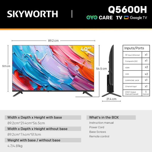 SKYWORTH QLED Smart TV 40-inch dimensions, ports and box contents