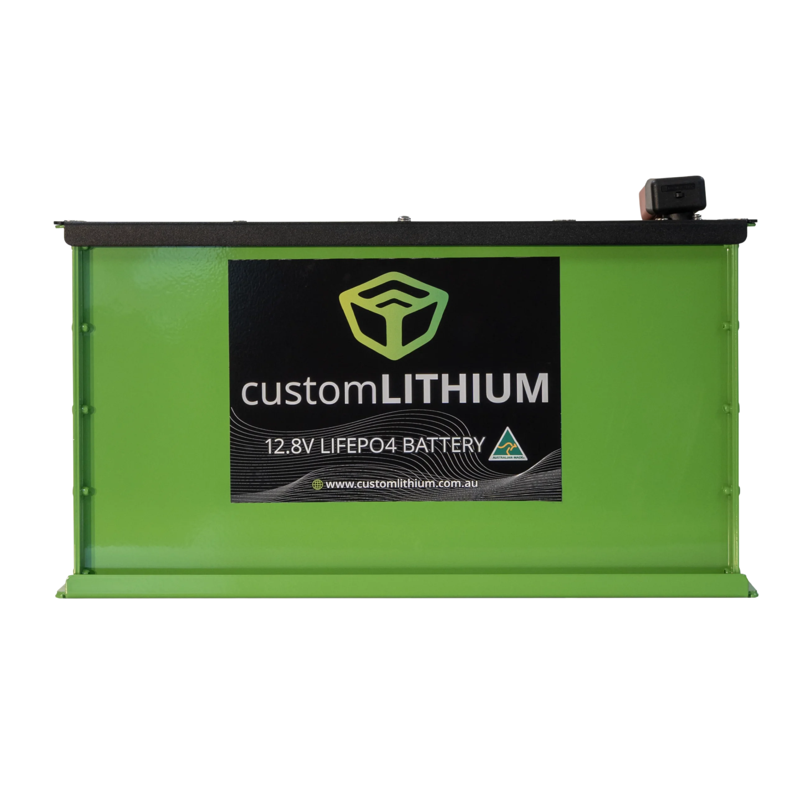 Custom Lithium Next Generation Slim Battery 100Ah showing aluminium enclosure and terminals