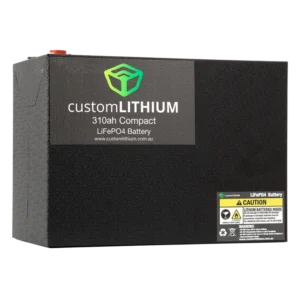 Custom Lithium Compact Battery 310Ah showing front branding and safety label