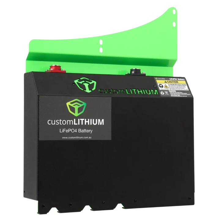 Custom Lithium Ford Ranger Dual Battery front view with green mounting bracket